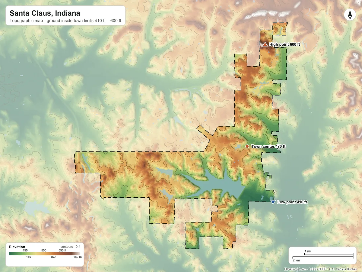 Topographic elevation map of Santa Claus, Indiana, shaded from 410 ft on the southeast side to 600 ft on the north side