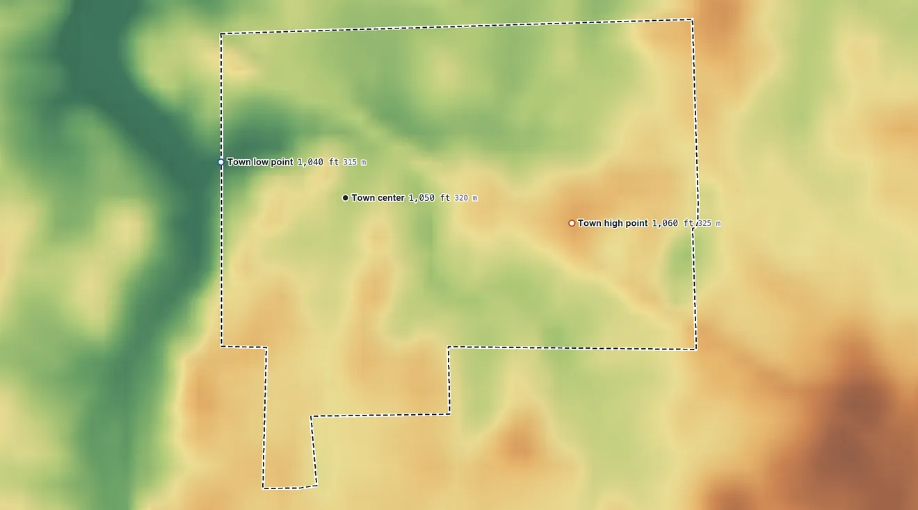 Topographic elevation map of Saratoga, Indiana, shaded from 1,040 ft on the west side to 1,060 ft on the east side