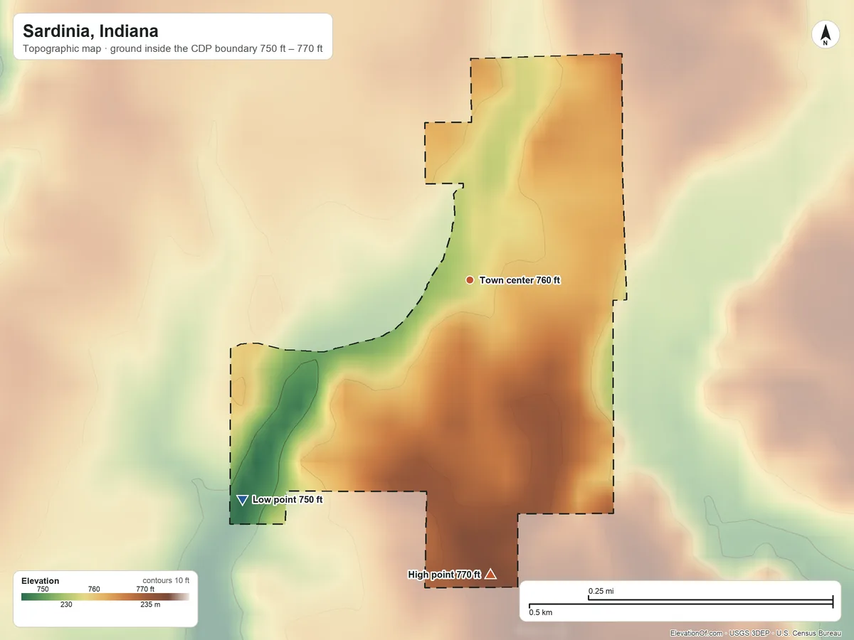 Topographic elevation map of Sardinia, Indiana, shaded from 750 ft on the southwest side to 770 ft on the south side
