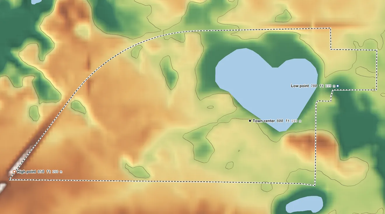 Topographic elevation map of Saugany Lake, Indiana, shaded from 780 ft on the east side to 850 ft on the west side