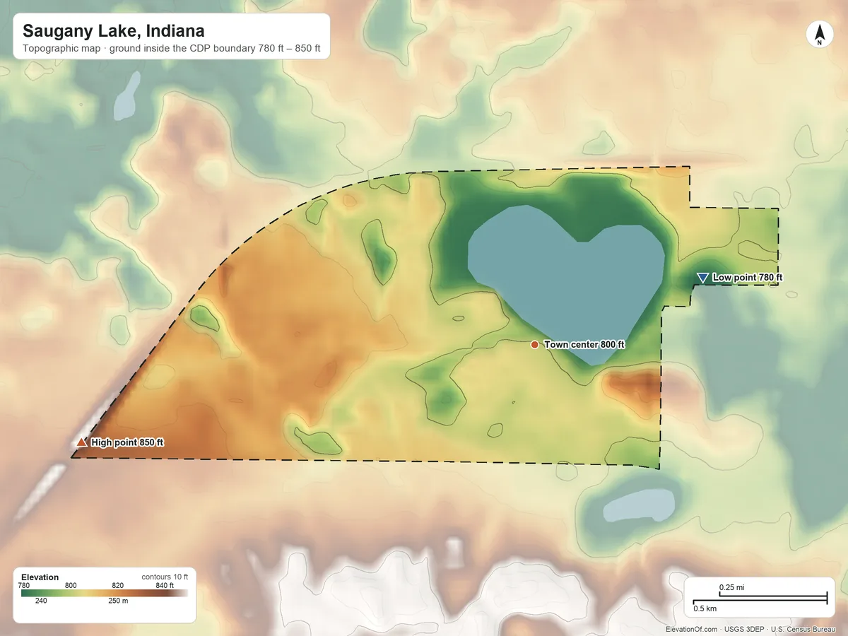 Topographic elevation map of Saugany Lake, Indiana, shaded from 780 ft on the east side to 850 ft on the west side