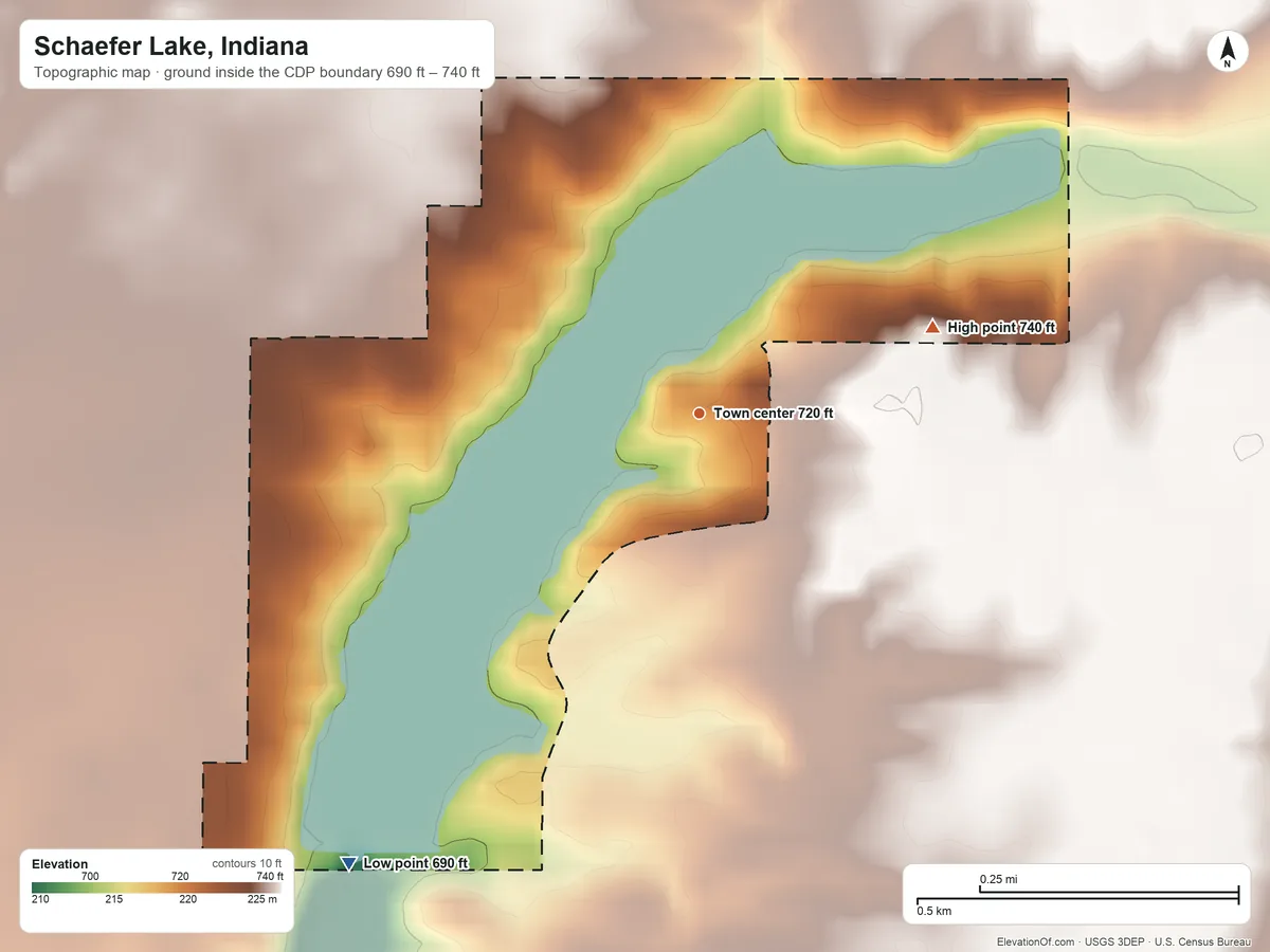 Topographic elevation map of Schaefer Lake, Indiana, shaded from 690 ft on the southwest side to 740 ft on the east side