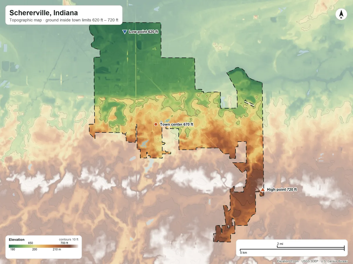 Topographic elevation map of Schererville, Indiana, shaded from 620 ft on the north side to 720 ft on the southeast side