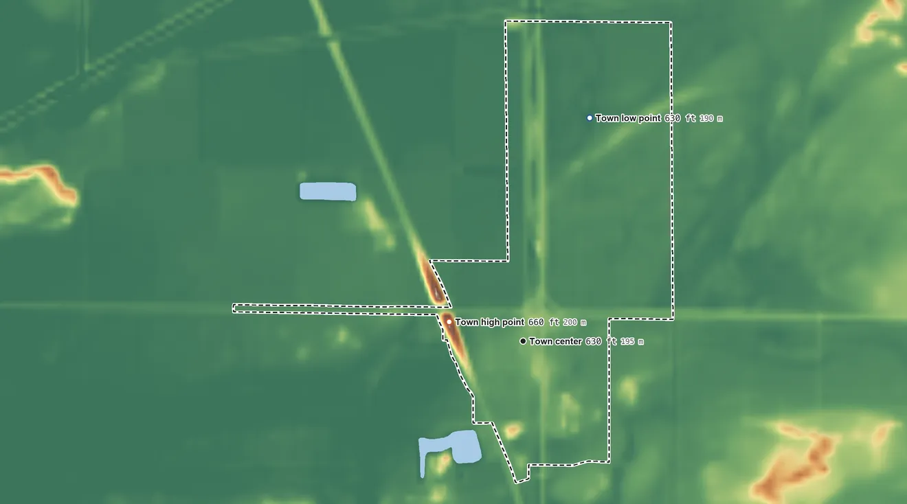 Topographic elevation map of Schneider, Indiana, shaded from 630 ft on the north side to 660 ft on the west side