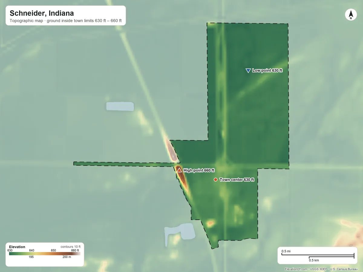 Topographic elevation map of Schneider, Indiana, shaded from 630 ft on the north side to 660 ft on the west side