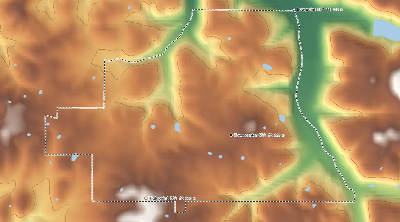 Topographic elevation map of Schnellville, Indiana, shaded from 500 ft on the northeast side to 700 ft on the southwest side