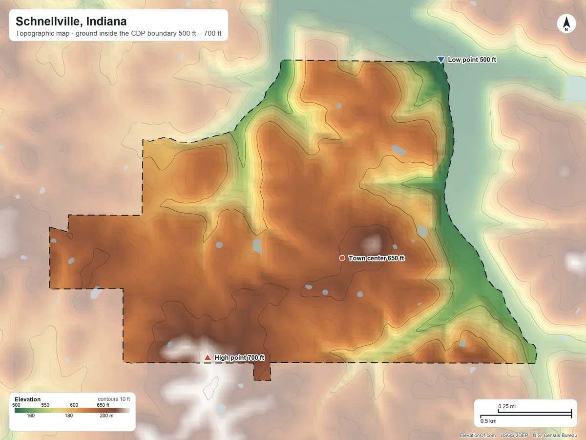 Topographic elevation map of Schnellville, Indiana, shaded from 500 ft on the northeast side to 700 ft on the southwest side