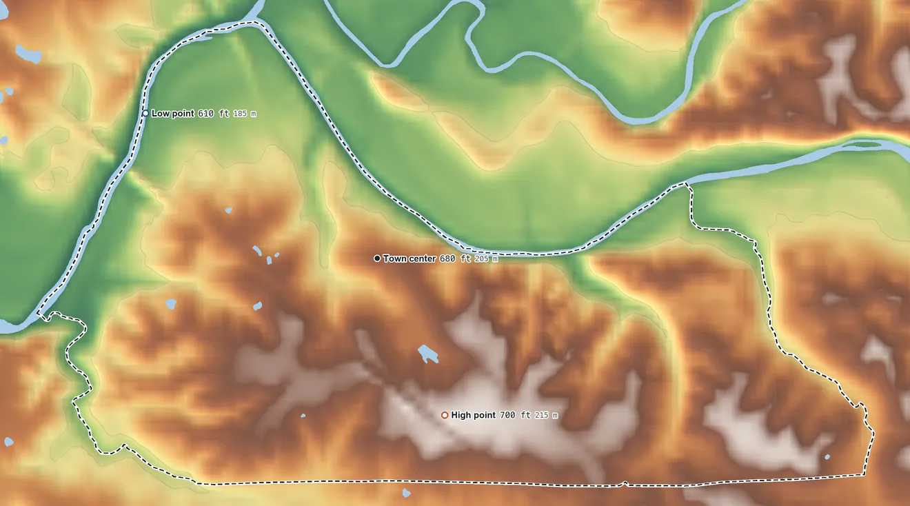 Topographic elevation map of Scipio, Indiana, shaded from 610 ft on the northwest side to 700 ft on the southeast side