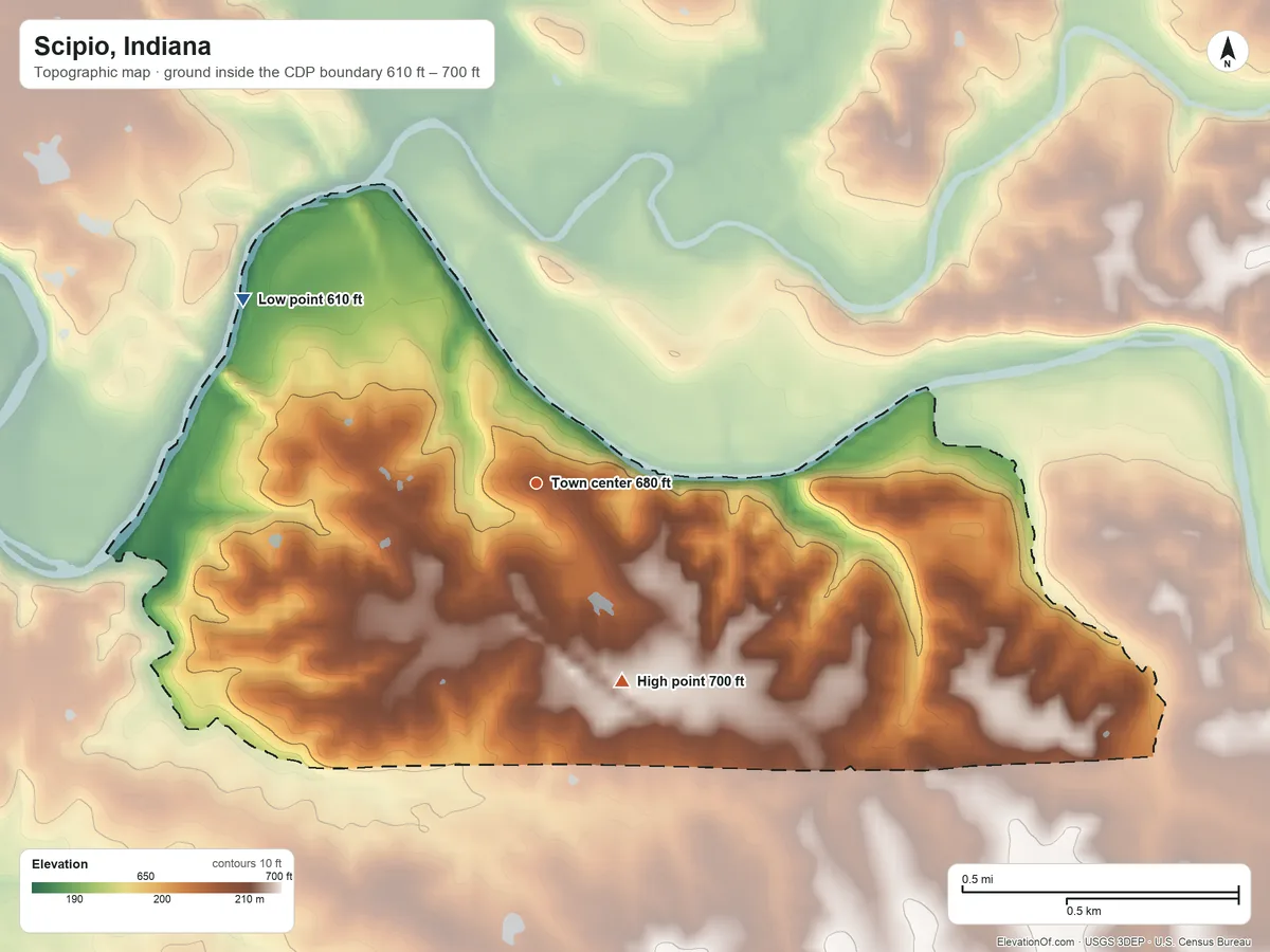 Topographic elevation map of Scipio, Indiana, shaded from 610 ft on the northwest side to 700 ft on the southeast side