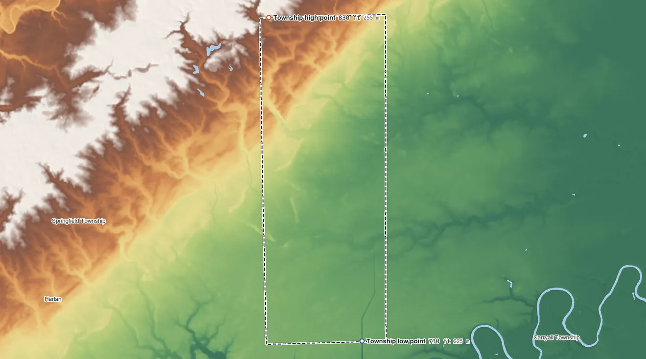 Topographic elevation map of Scipio Township, Allen County, Indiana, shaded from 730 ft on the south side to 830 ft on the north side