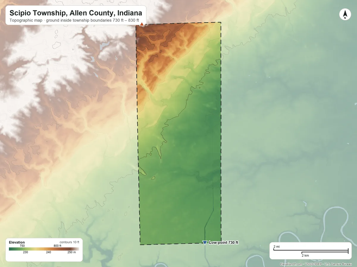 Topographic elevation map of Scipio Township, Allen County, Indiana, shaded from 730 ft on the south side to 830 ft on the north side