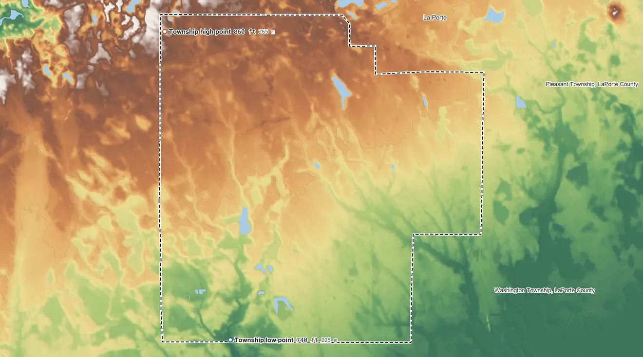 Topographic elevation map of Scipio Township, Indiana, shaded from 740 ft on the southwest side to 860 ft on the northwest side