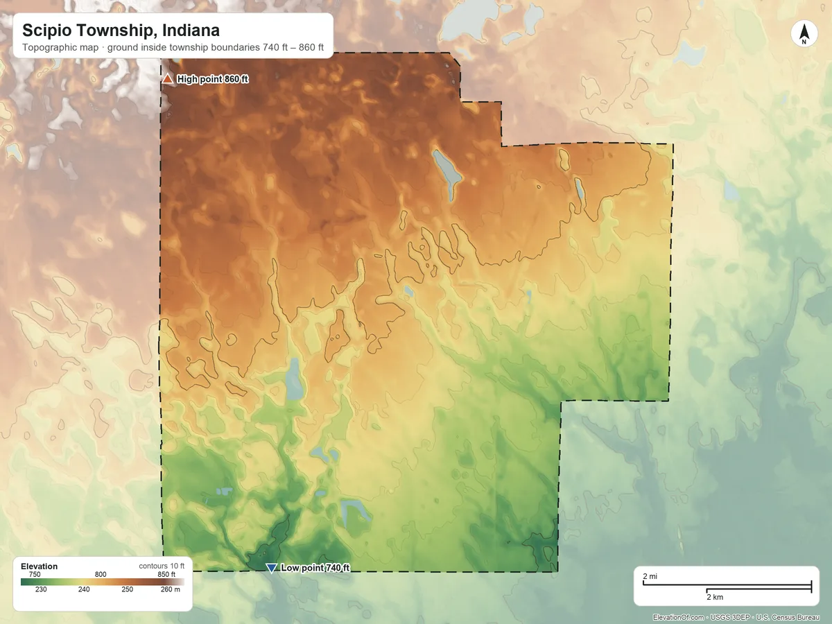Topographic elevation map of Scipio Township, Indiana, shaded from 740 ft on the southwest side to 860 ft on the northwest side