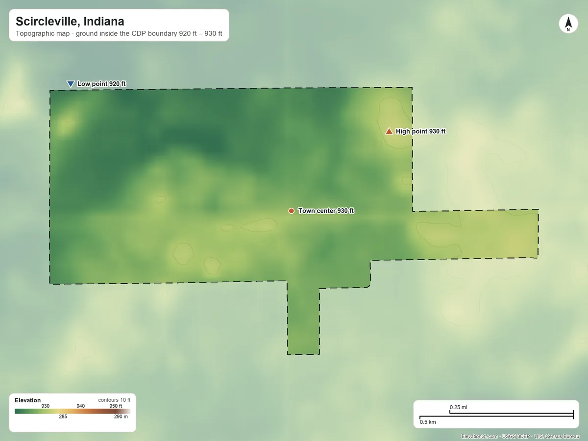 Topographic elevation map of Scircleville, Indiana, shaded from 920 ft on the northwest side to 930 ft on the northeast side