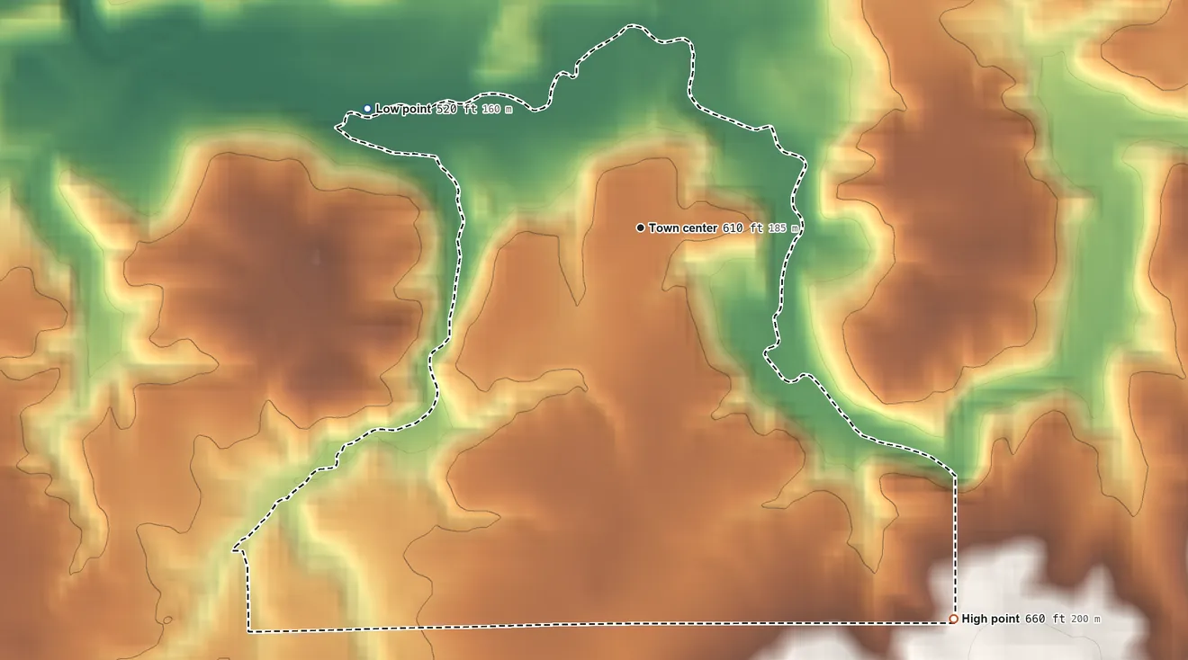 Topographic elevation map of Scotland, Indiana, shaded from 520 ft on the northwest side to 660 ft on the southeast side