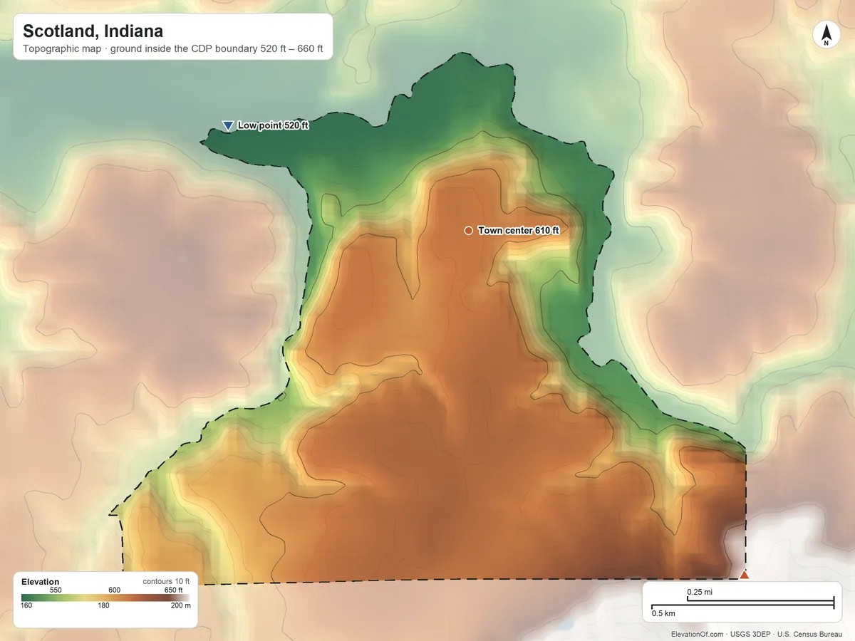 Topographic elevation map of Scotland, Indiana, shaded from 520 ft on the northwest side to 660 ft on the southeast side