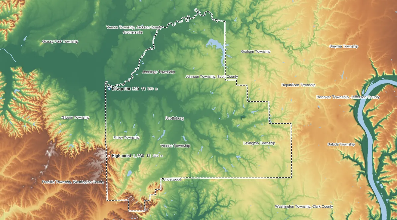 Topographic elevation map of Scott County, Indiana, shaded from 520 ft on the west side to 1,030 ft on the southwest side