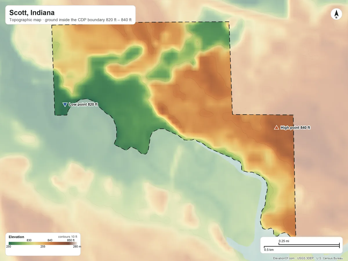 Topographic elevation map of Scott, Indiana, shaded from 820 ft on the west side to 840 ft on the east side