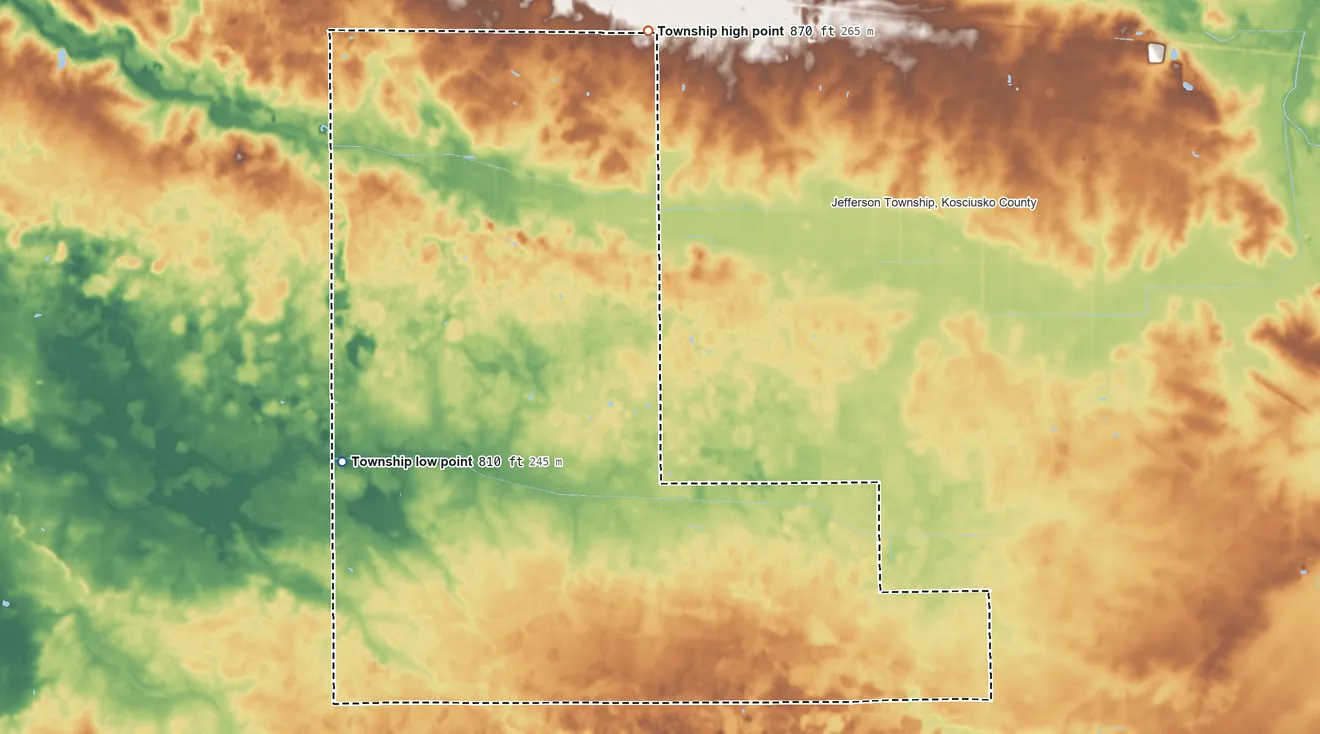 Topographic elevation map of Scott Township, Kosciusko County, Indiana, shaded from 810 ft on the west side to 870 ft on the north side