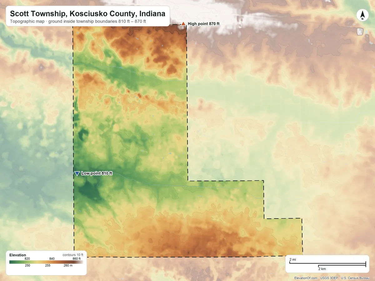 Topographic elevation map of Scott Township, Kosciusko County, Indiana, shaded from 810 ft on the west side to 870 ft on the north side