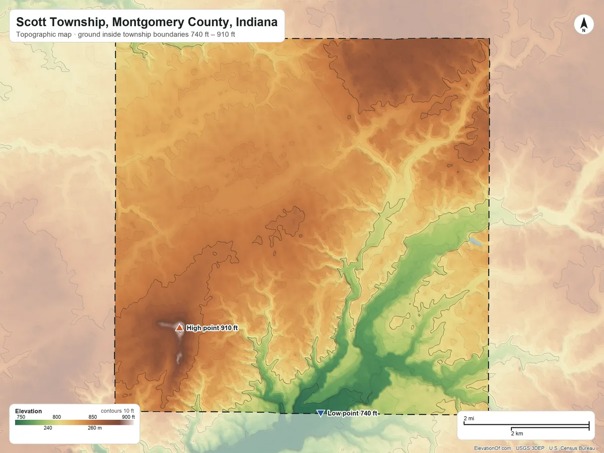 Topographic elevation map of Scott Township, Montgomery County, Indiana, shaded from 740 ft on the south side to 910 ft on the southwest side