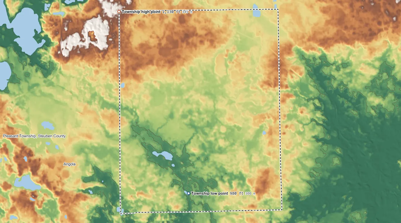 Topographic elevation map of Scott Township, Steuben County, Indiana, shaded from 980 ft on the south side to 1,130 ft on the northwest side