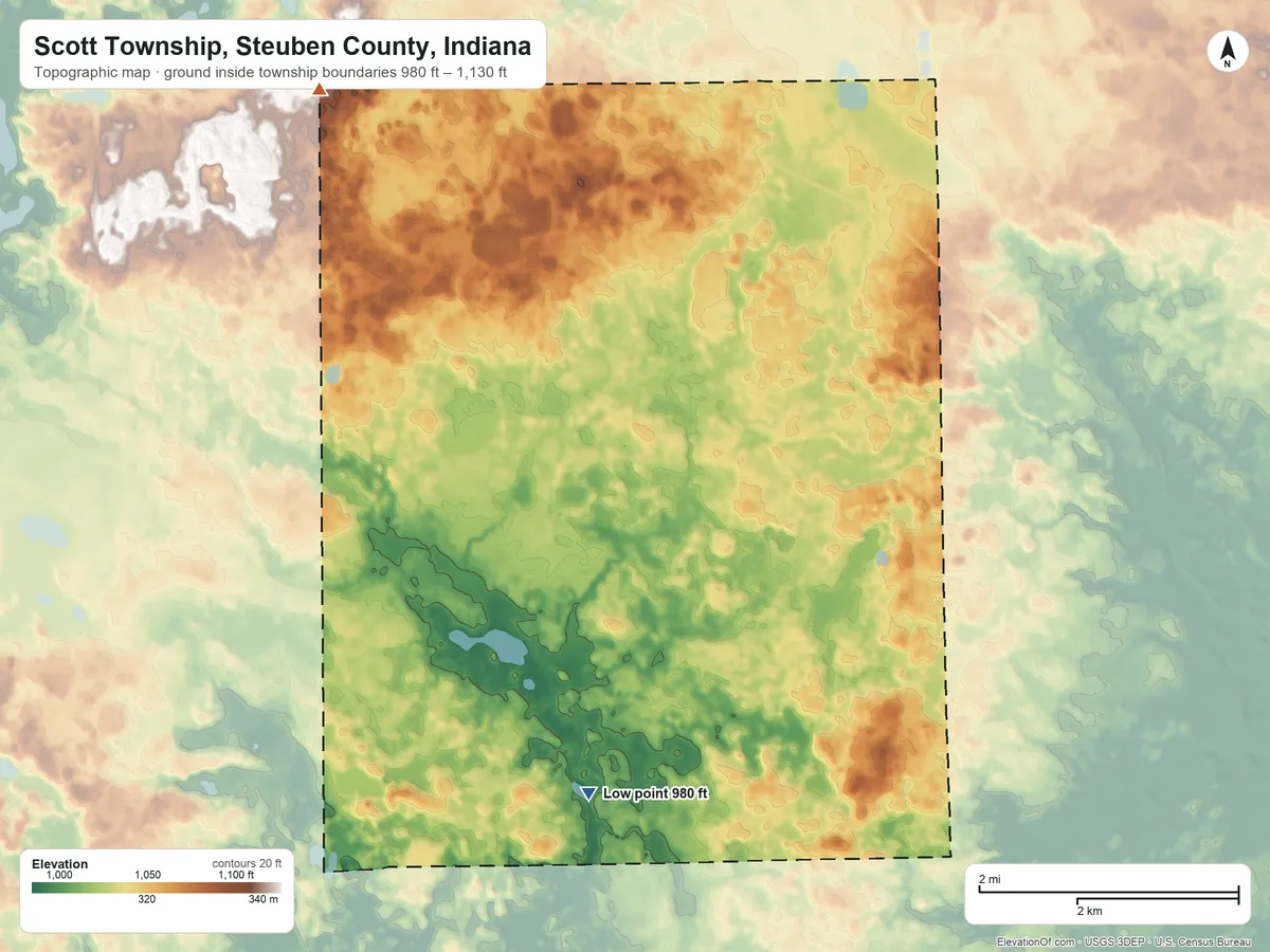 Topographic elevation map of Scott Township, Steuben County, Indiana, shaded from 980 ft on the south side to 1,130 ft on the northwest side
