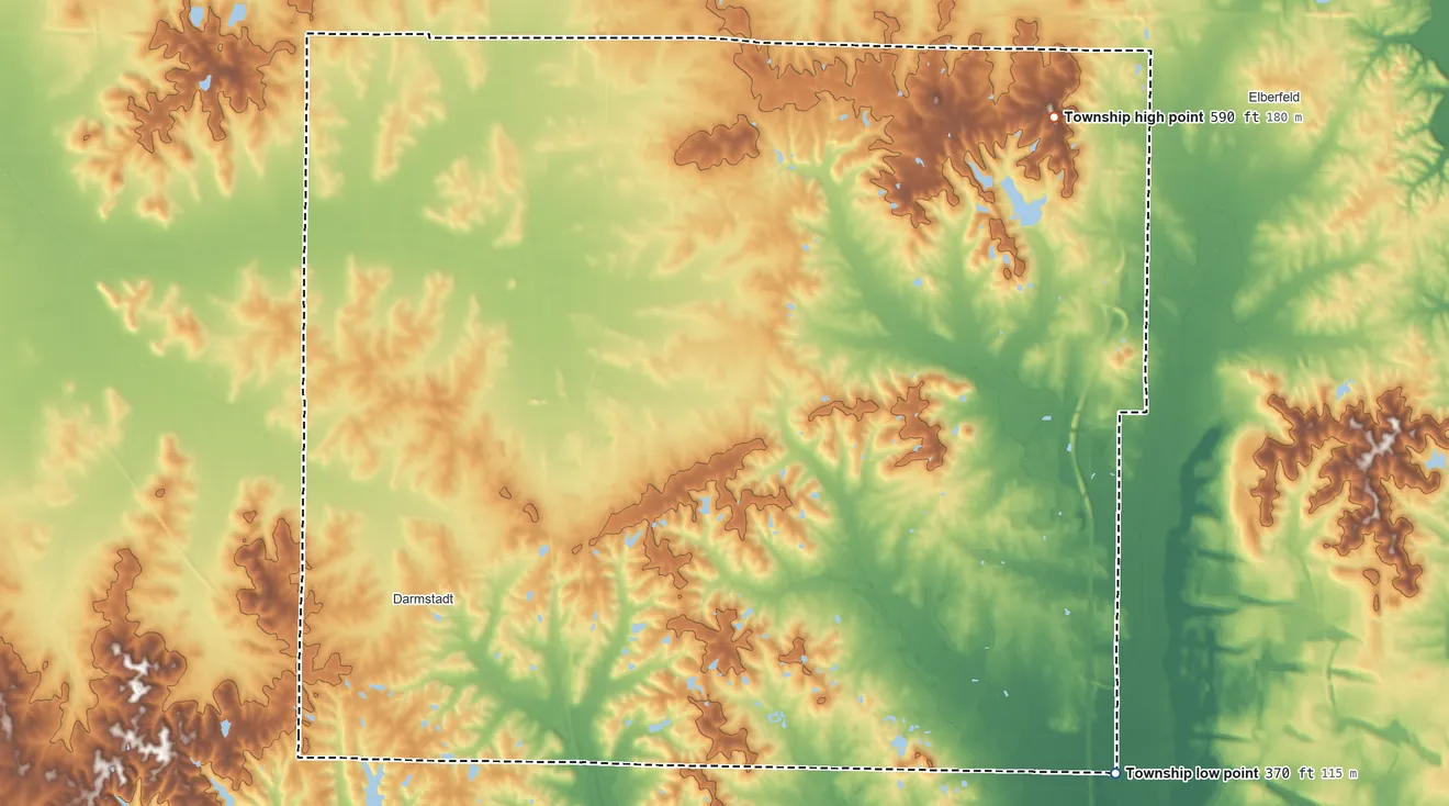 Topographic elevation map of Scott Township, Indiana, shaded from 370 ft on the southeast side to 590 ft on the northeast side