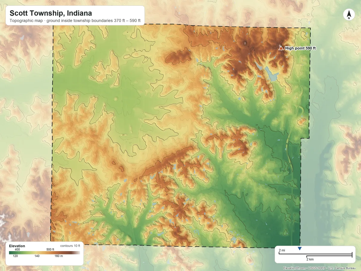 Topographic elevation map of Scott Township, Indiana, shaded from 370 ft on the southeast side to 590 ft on the northeast side