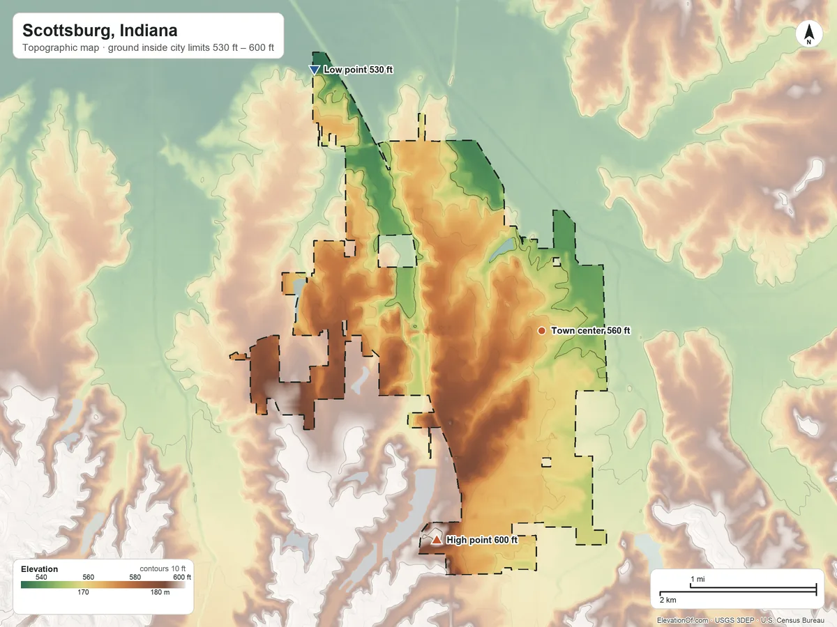 Topographic elevation map of Scottsburg, Indiana, shaded from 530 ft on the northwest side to 600 ft on the southwest side