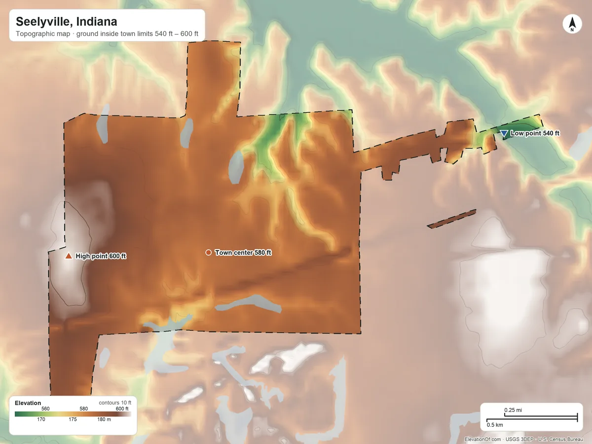 Topographic elevation map of Seelyville, Indiana, shaded from 540 ft on the east side to 600 ft on the west side