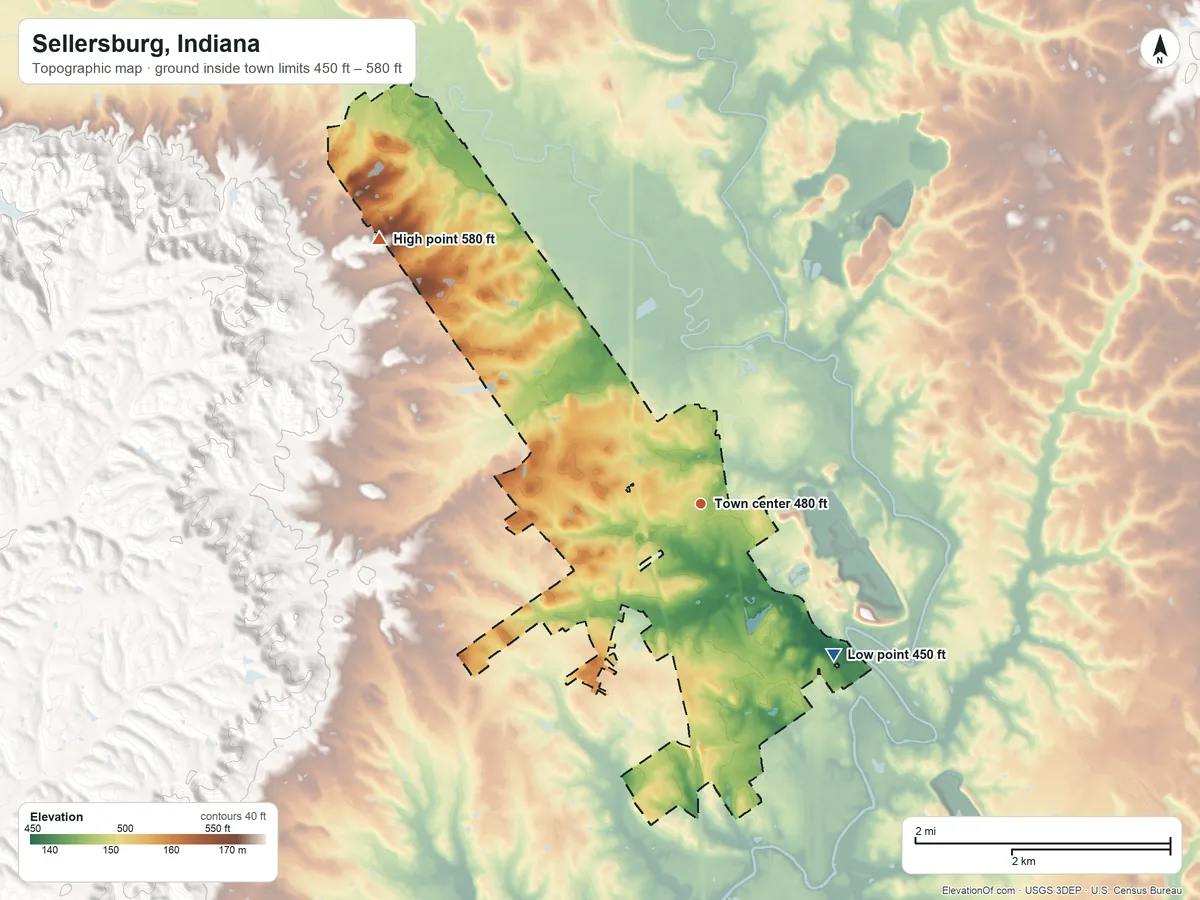 Topographic elevation map of Sellersburg, Indiana, shaded from 450 ft on the southeast side to 580 ft on the northwest edge, below higher ground just outside