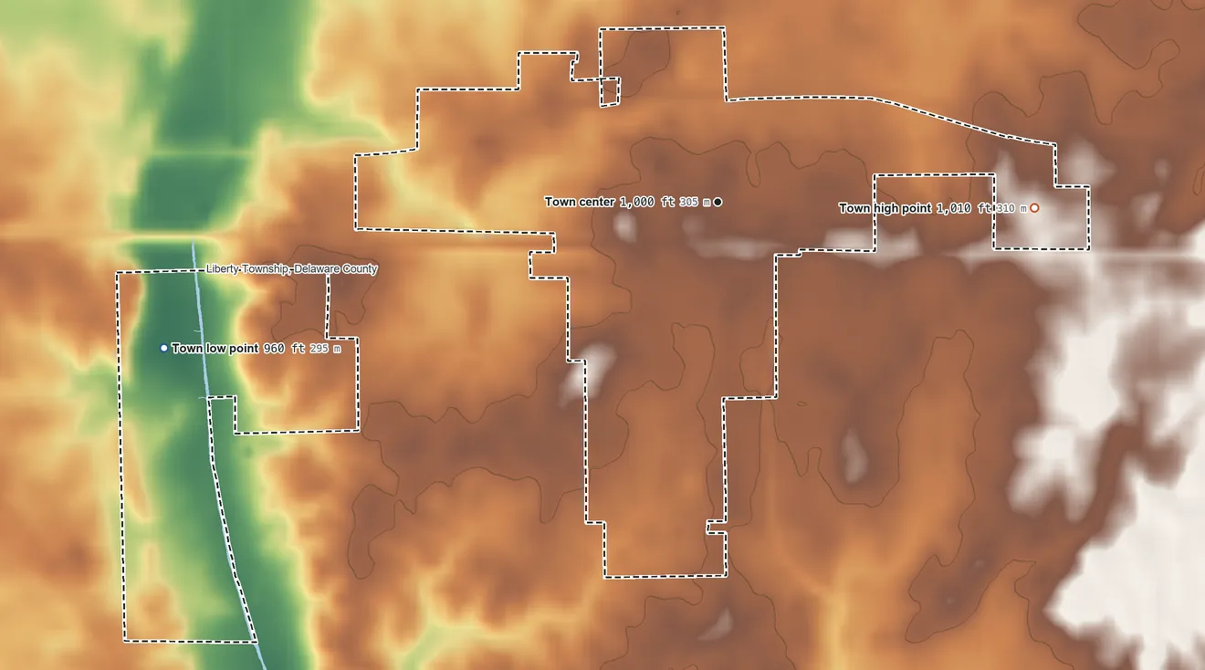 Topographic elevation map of Selma, Indiana, shaded from 960 ft on the west side to 1,010 ft on the east side