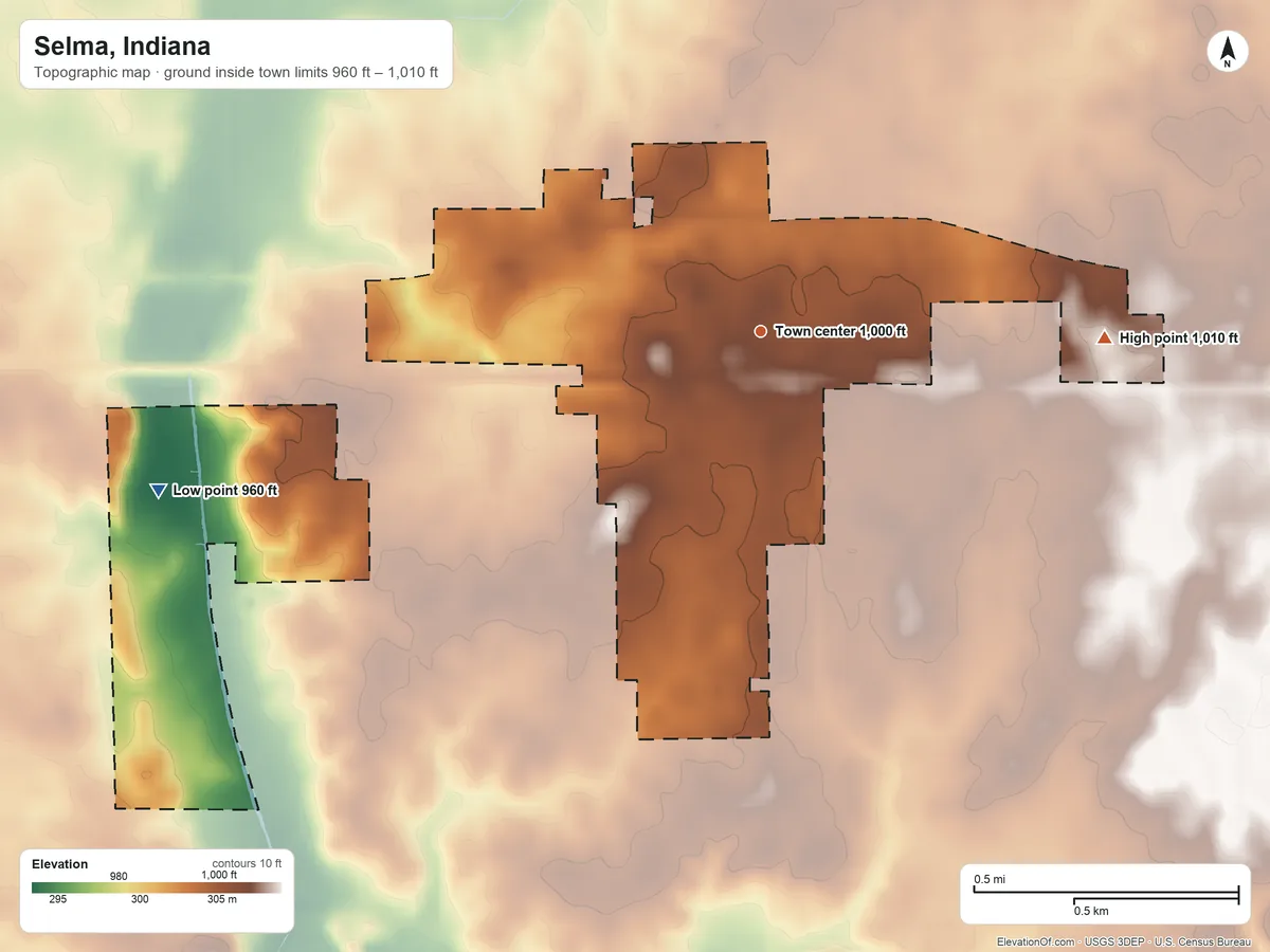 Topographic elevation map of Selma, Indiana, shaded from 960 ft on the west side to 1,010 ft on the east side