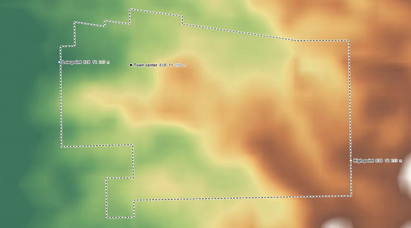 Topographic elevation map of Servia, Indiana, shaded from 810 ft on the west side to 830 ft on the southeast side