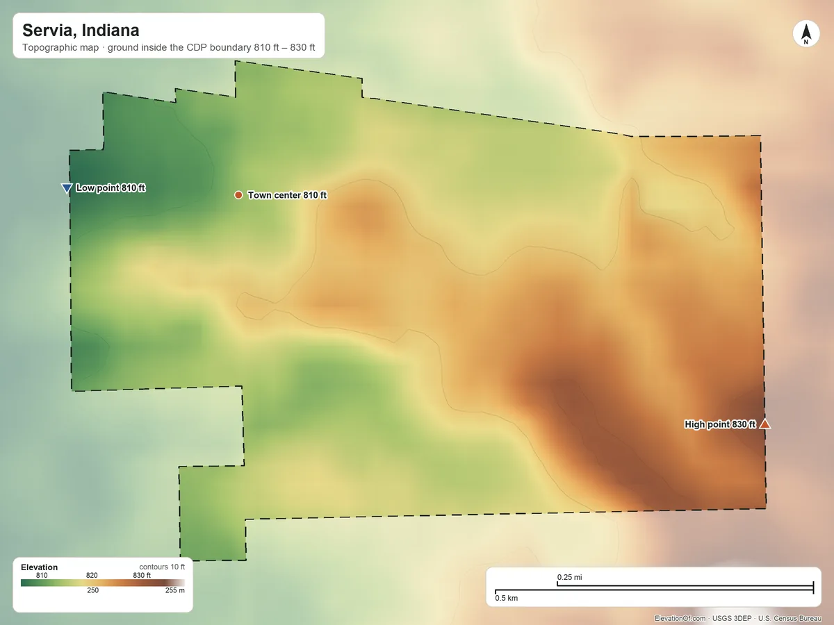 Topographic elevation map of Servia, Indiana, shaded from 810 ft on the west side to 830 ft on the southeast side