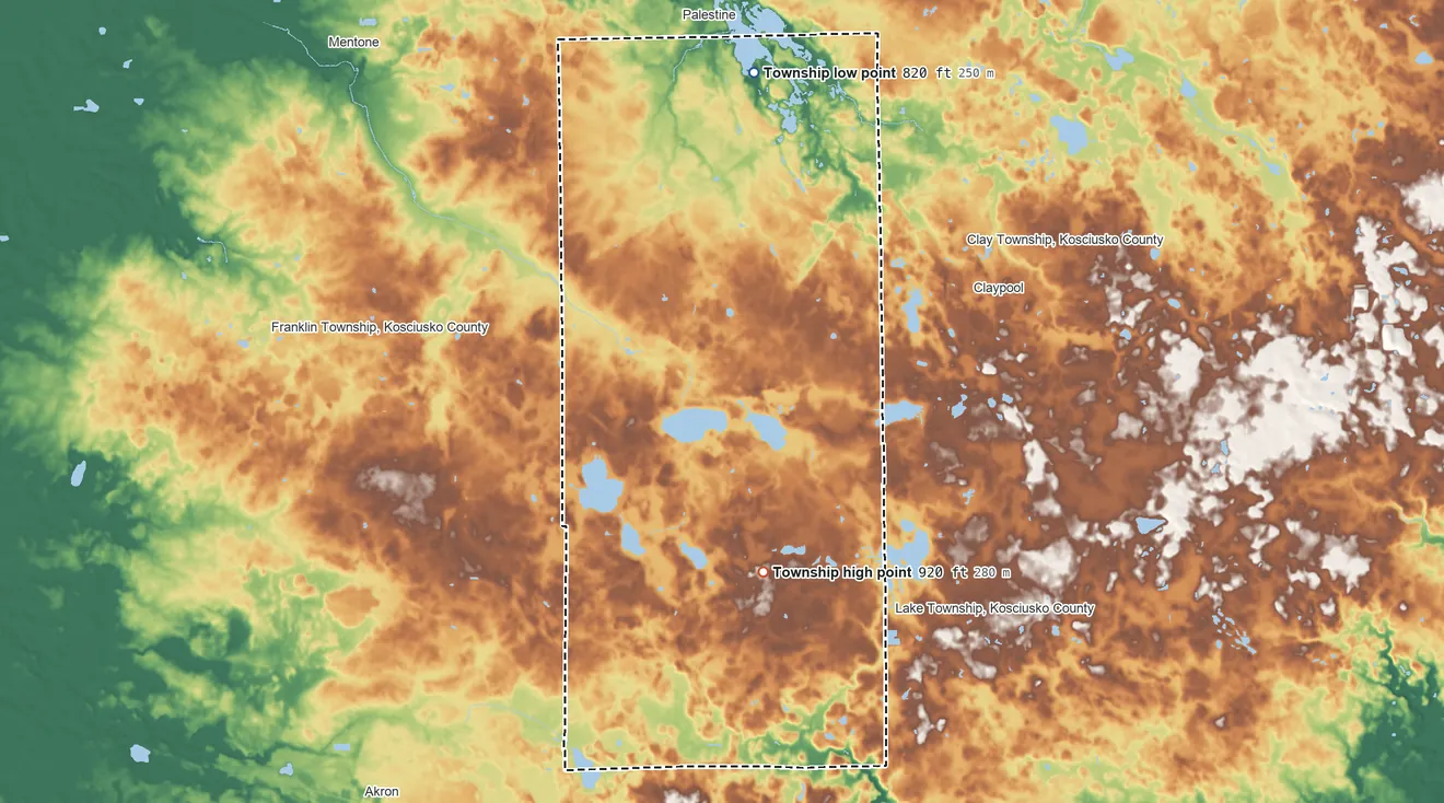 Topographic elevation map of Seward Township, Indiana, shaded from 820 ft on the north side to 920 ft on the south side