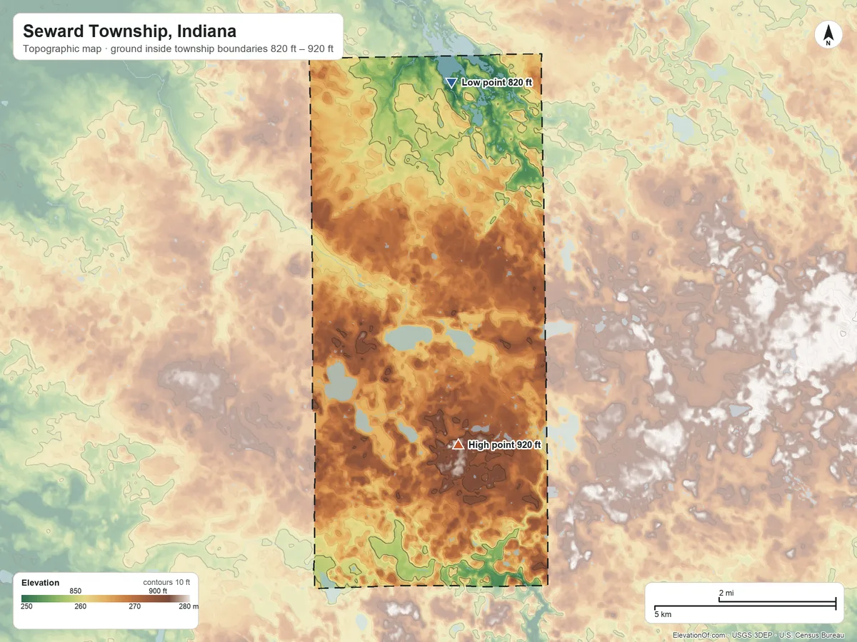 Topographic elevation map of Seward Township, Indiana, shaded from 820 ft on the north side to 920 ft on the south side