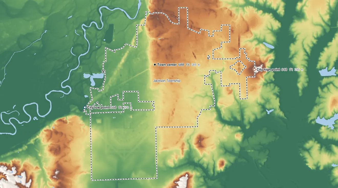 Topographic elevation map of Seymour, Indiana, shaded from 560 ft on the southwest side to 640 ft on the east side