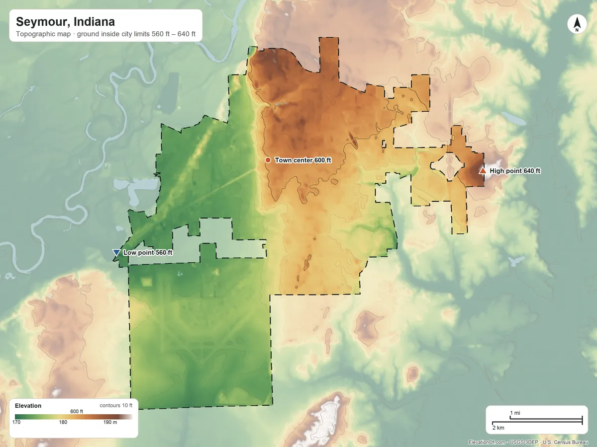 Topographic elevation map of Seymour, Indiana, shaded from 560 ft on the southwest side to 640 ft on the east side