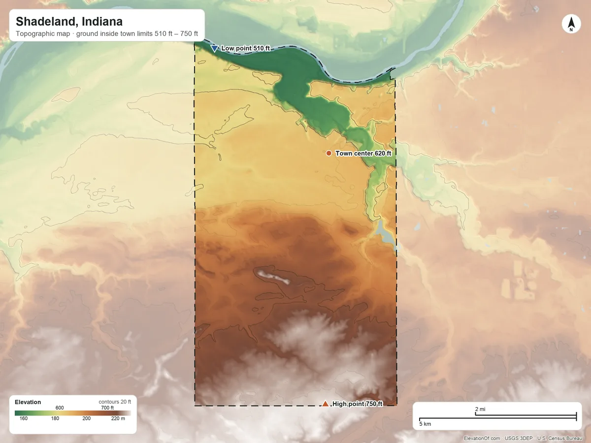 Topographic elevation map of Shadeland, Indiana, shaded from 510 ft on the northwest side to 750 ft on the south side
