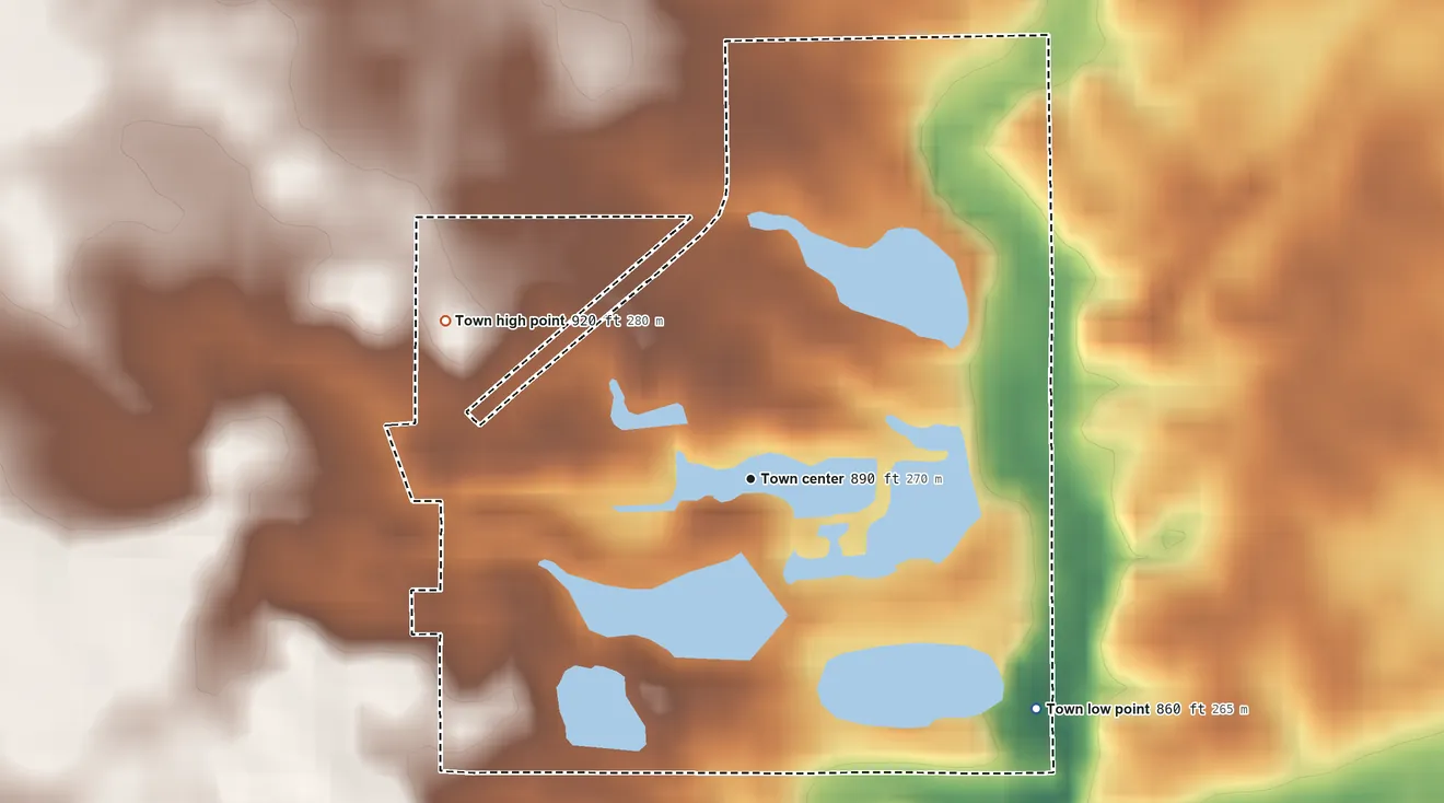 Topographic elevation map of Shamrock Lakes, Indiana, shaded from 860 ft on the southeast side to 920 ft on the northwest side
