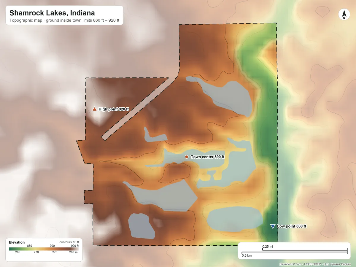 Topographic elevation map of Shamrock Lakes, Indiana, shaded from 860 ft on the southeast side to 920 ft on the northwest side