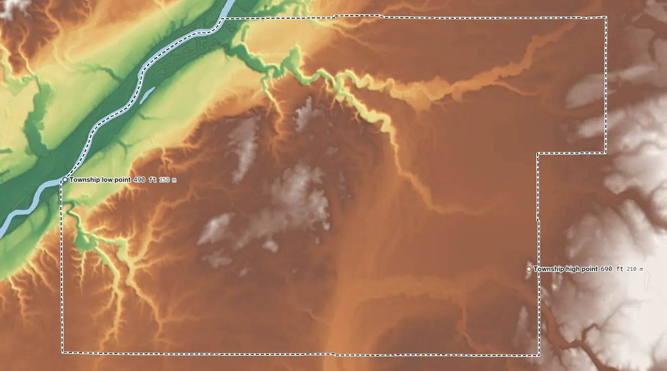 Topographic elevation map of Shawnee Township, Indiana, shaded from 490 ft on the west side to 690 ft on the southeast side