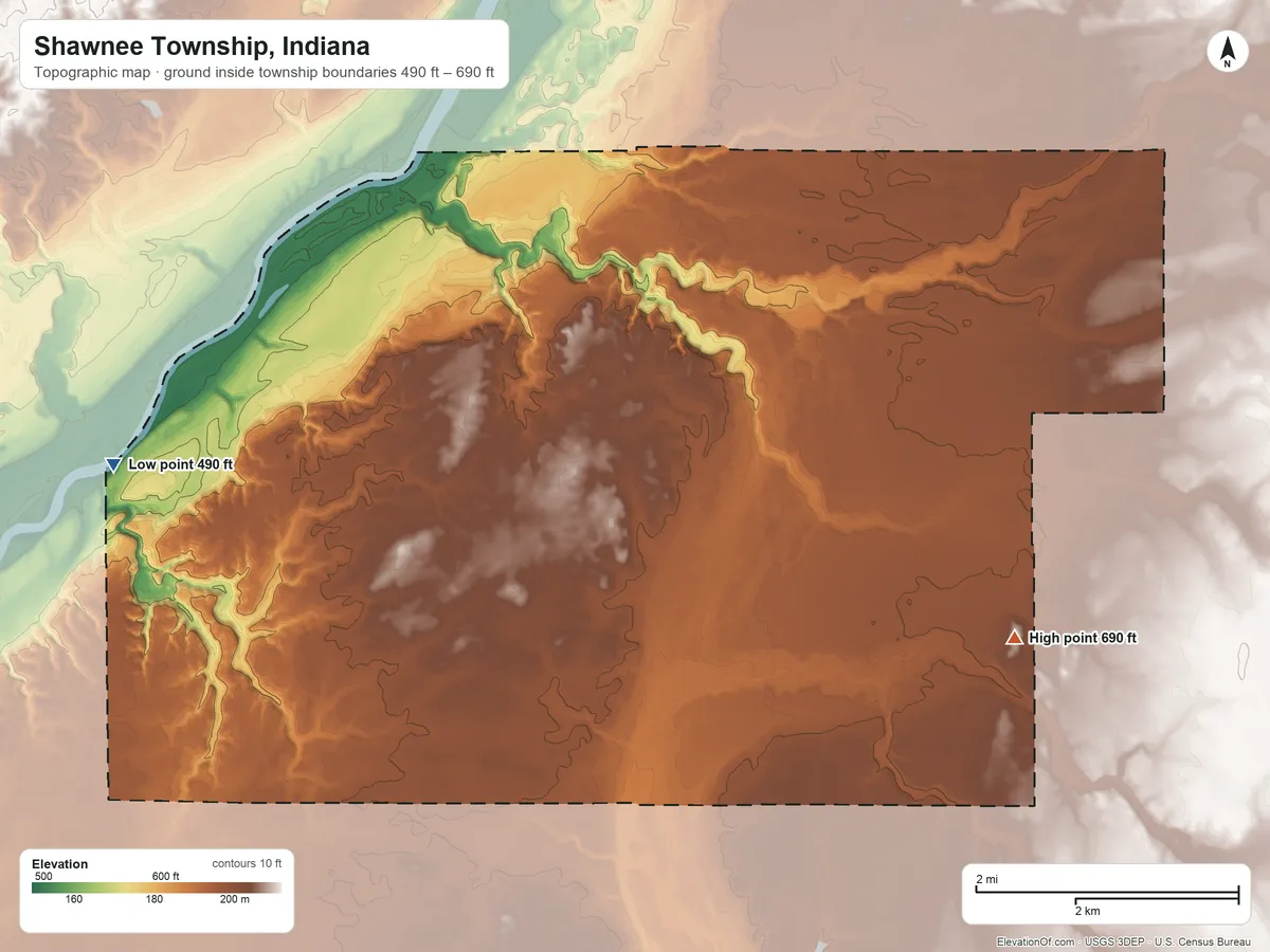 Topographic elevation map of Shawnee Township, Indiana, shaded from 490 ft on the west side to 690 ft on the southeast side