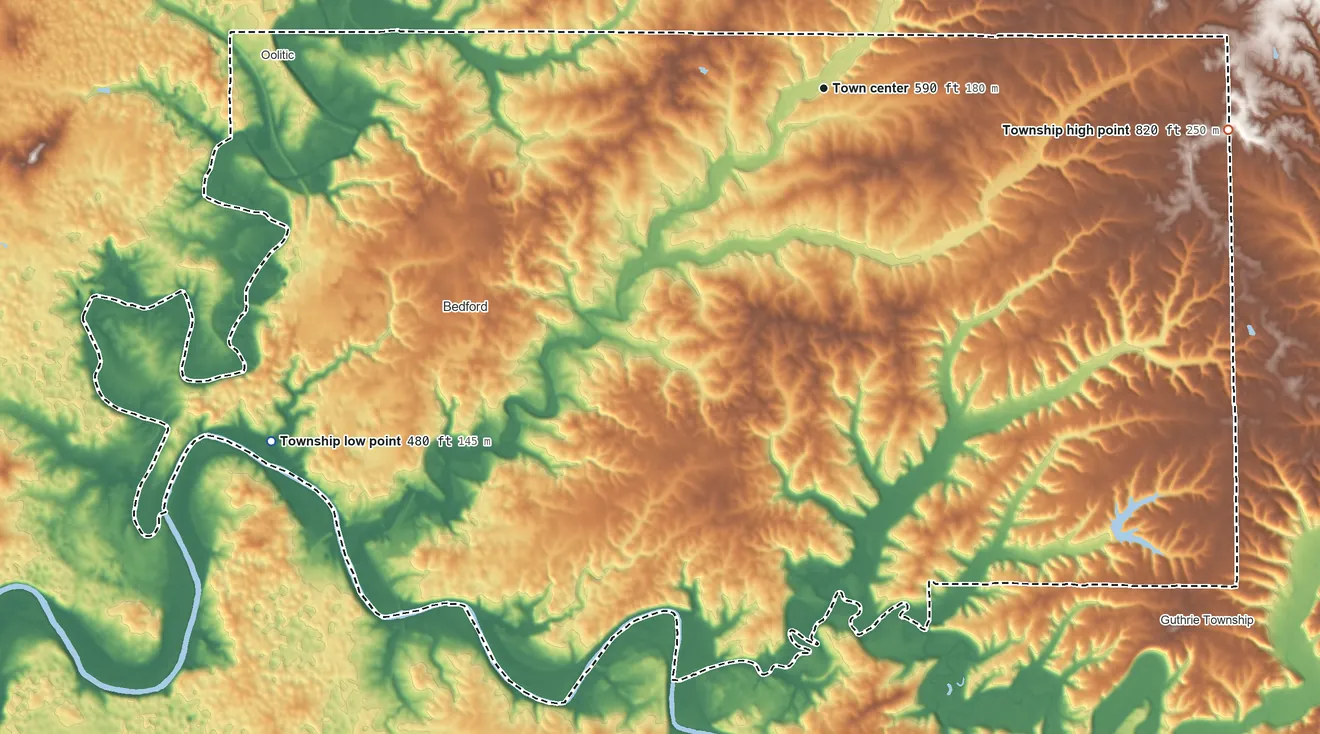 Topographic elevation map of Shawswick Township, Indiana, shaded from 480 ft on the southwest side to 820 ft on the east side