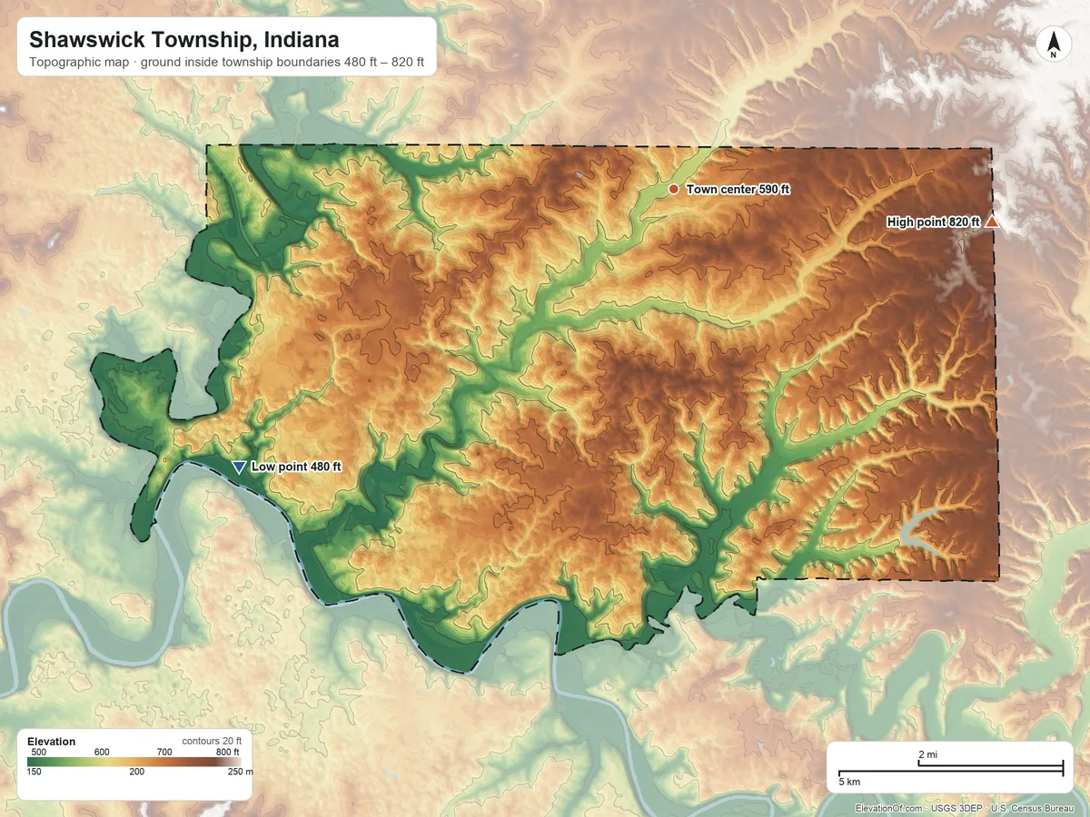 Topographic elevation map of Shawswick Township, Indiana, shaded from 480 ft on the southwest side to 820 ft on the east side