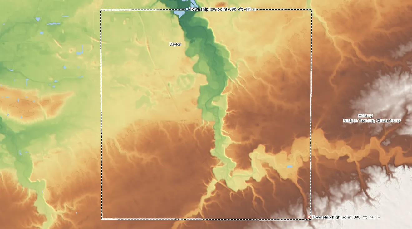 Topographic elevation map of Sheffield Township, Indiana, shaded from 600 ft on the north side to 800 ft on the southeast side