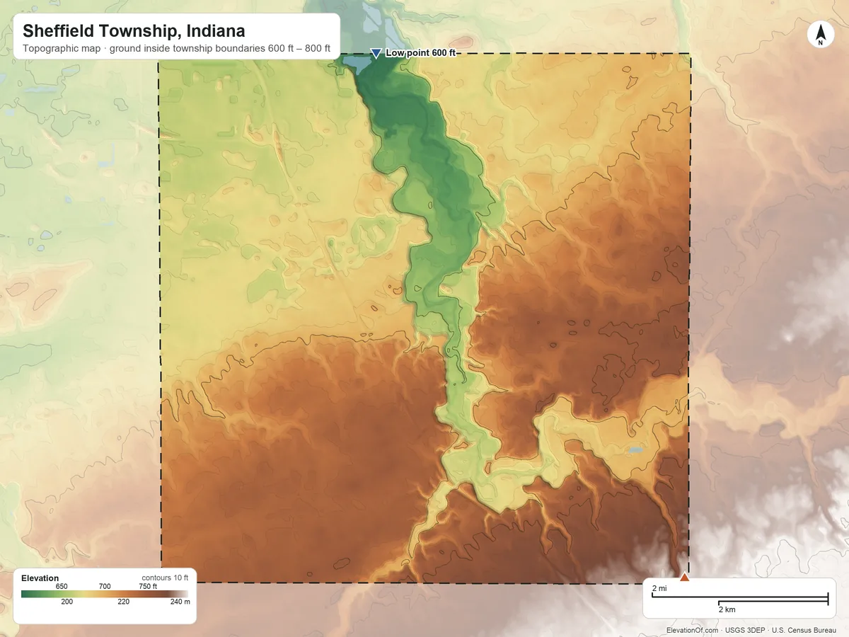 Topographic elevation map of Sheffield Township, Indiana, shaded from 600 ft on the north side to 800 ft on the southeast side