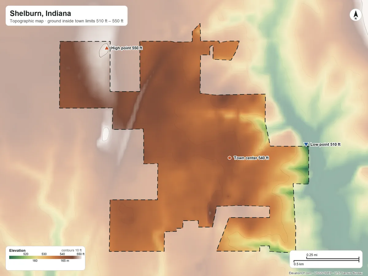 Topographic elevation map of Shelburn, Indiana, shaded from 510 ft on the east side to 550 ft on the northwest side